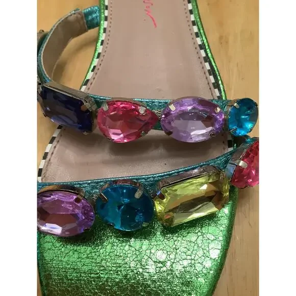 BETSEY JOHNSON WILLET BEJEWELED GREEN METALLIC SLIDES 6.5 - Picture 9 of 10